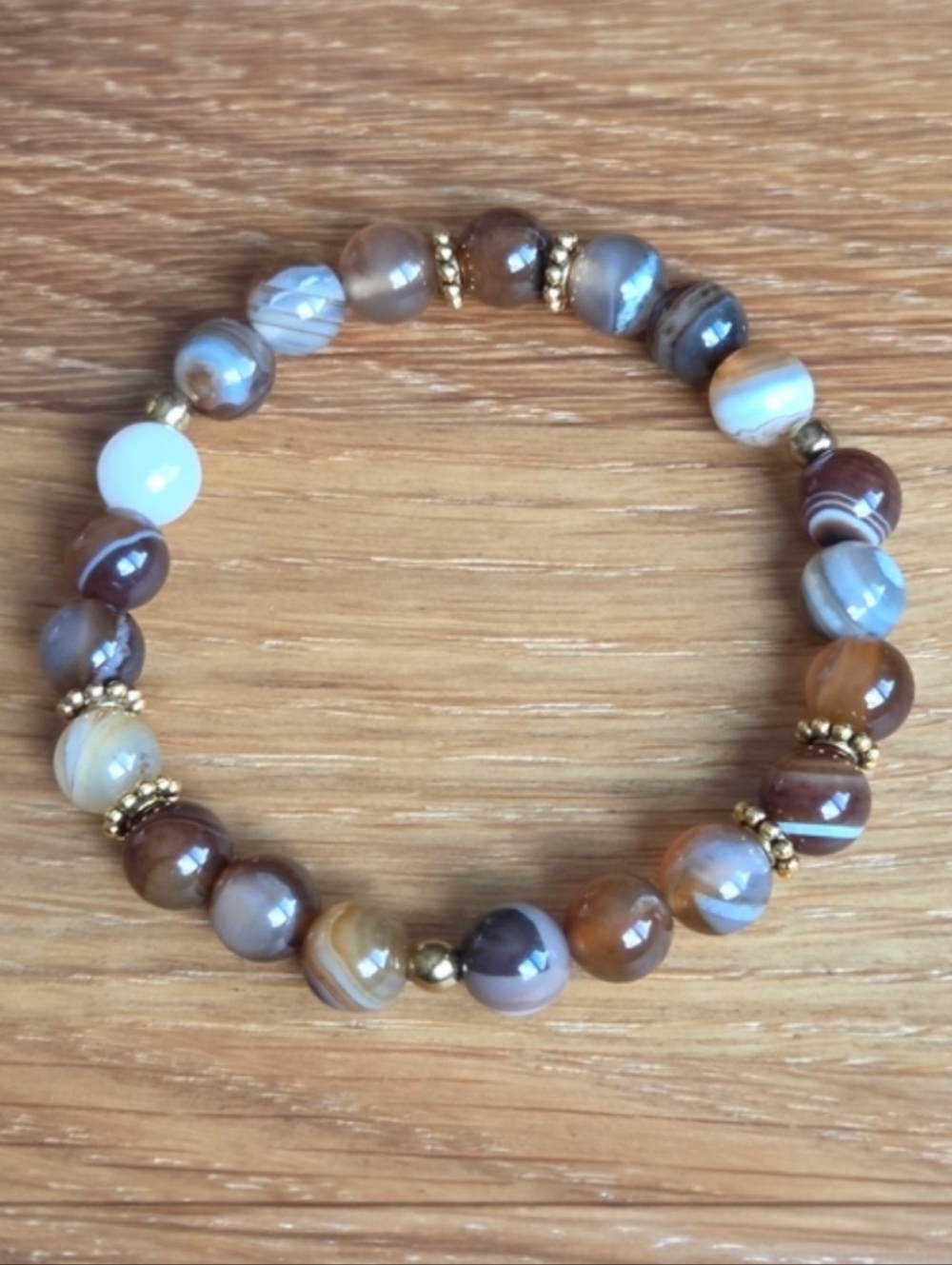 Brown Striped Agate Beads Bracelet, Hand Crafted, Stretch